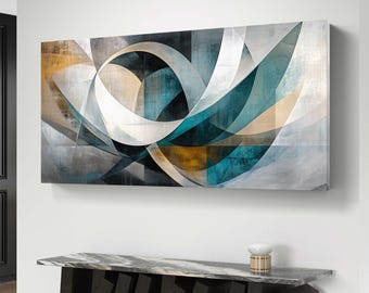 Curved Geometric Abstract Art | Modern Digital Wall Art | Teal & Beige Downloadable Print