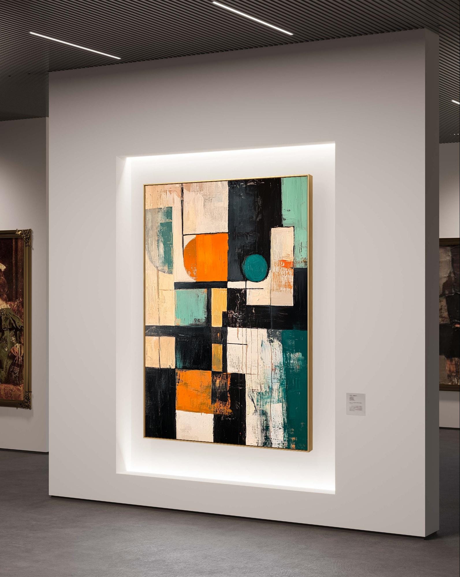 モダン抽象幾何学絵画 – 大胆なオレンジとティールのウォールアート