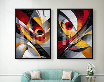 Red and yellow geometric abstract set of 2 – bold diptych wall art