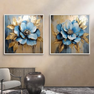 Blue and Gold Flower Wall Art Set – Digital Botanical Prints for Elegant Home Decor