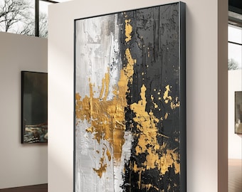 Elegant Abstract Splatter - Black, White, and Gold Digital Art Print, Large Gold Wall Decor, Gold Abstract Art Prints