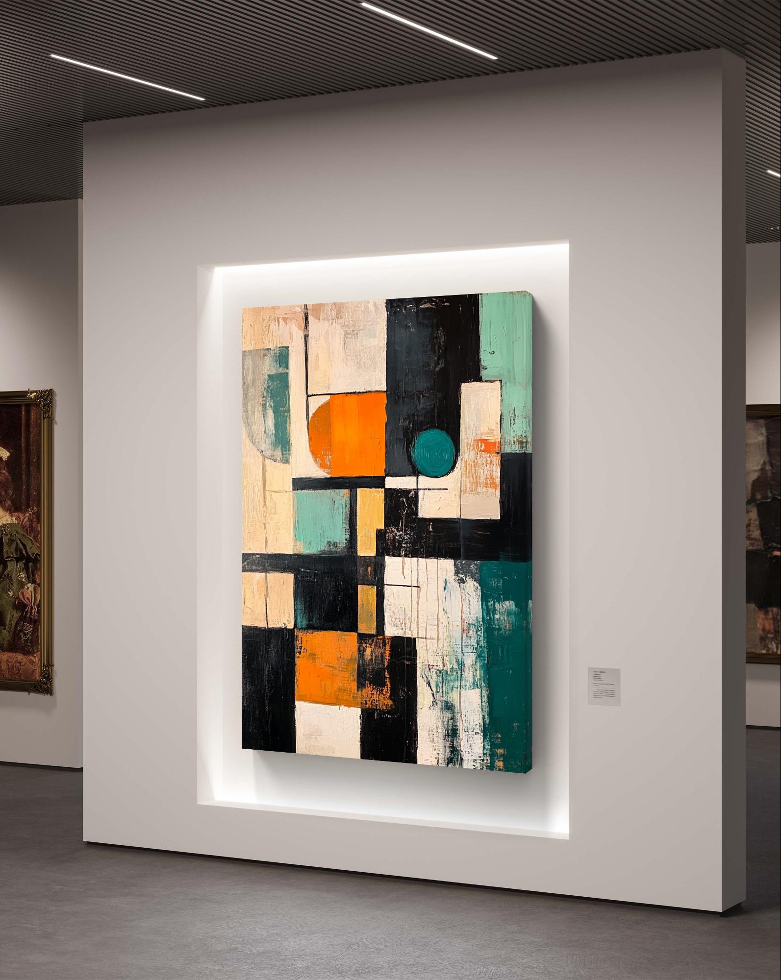 モダン抽象幾何学絵画 – 大胆なオレンジとティールのウォールアート