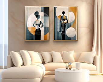 May include: Two framed abstract art prints featuring stylized figures in black dresses against geometric backgrounds of teal, orange, and white. The artwork is displayed above a cream-colored sectional sofa and a round coffee table.