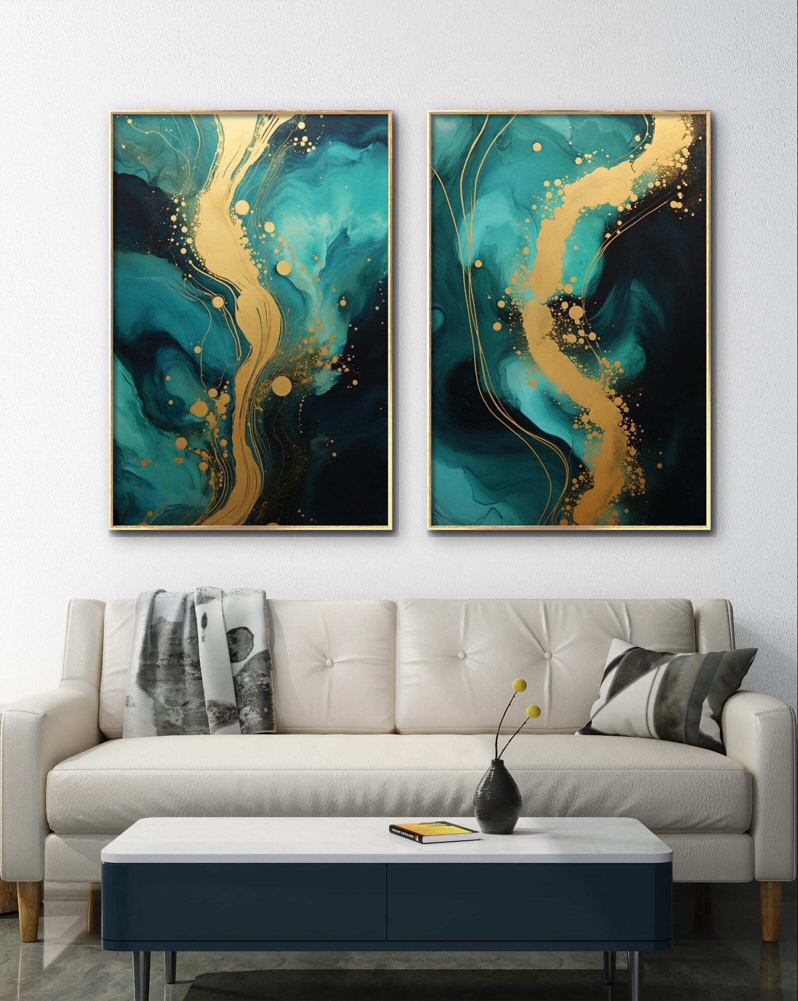 Teal and Gold Abstract Art Print Set: Modern Nordic Decor (digital ...