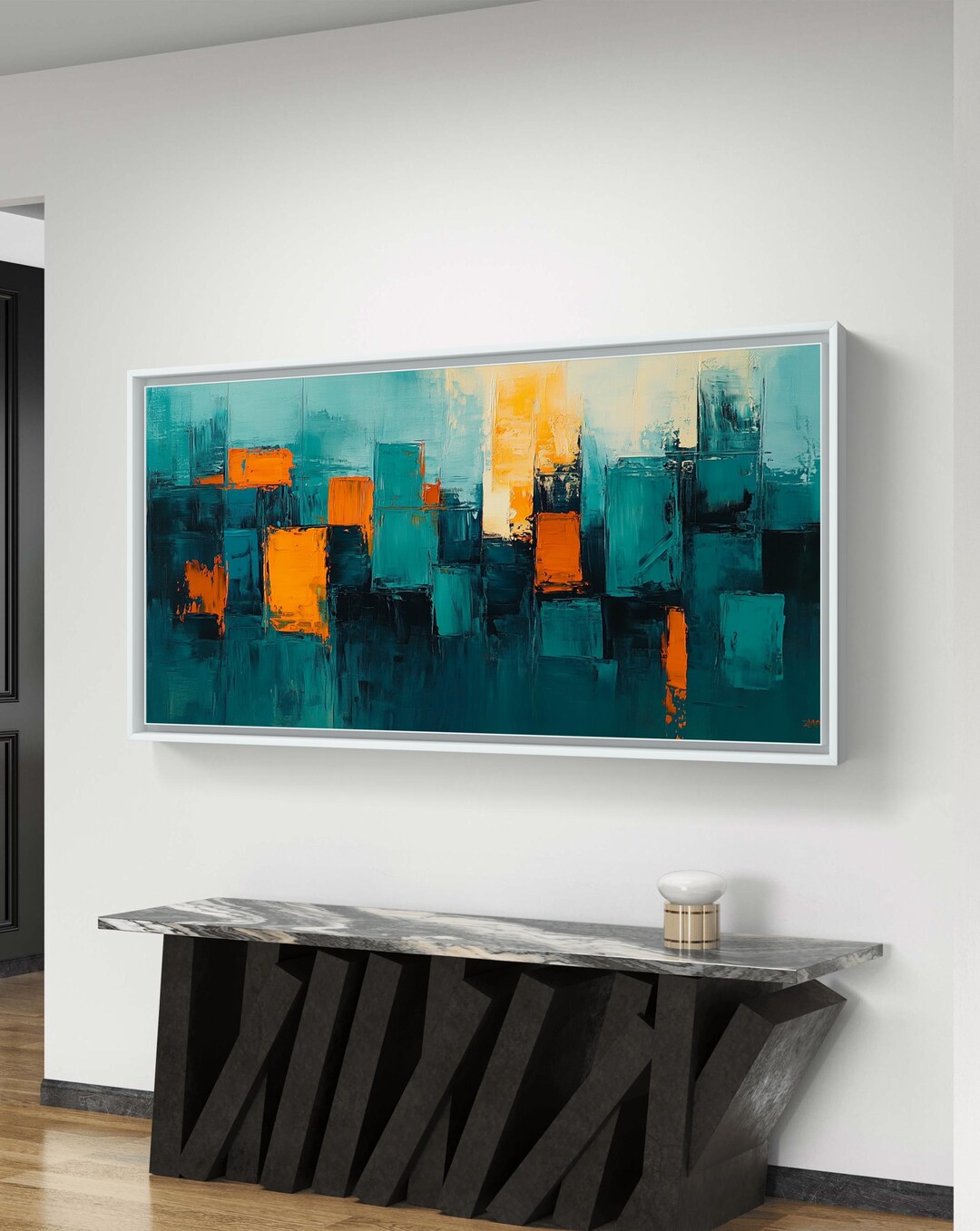 Tableau Abstrait Géométrique - Blocs Sarcelle Et Orange - Toile Encadrée Prête à Accrocher