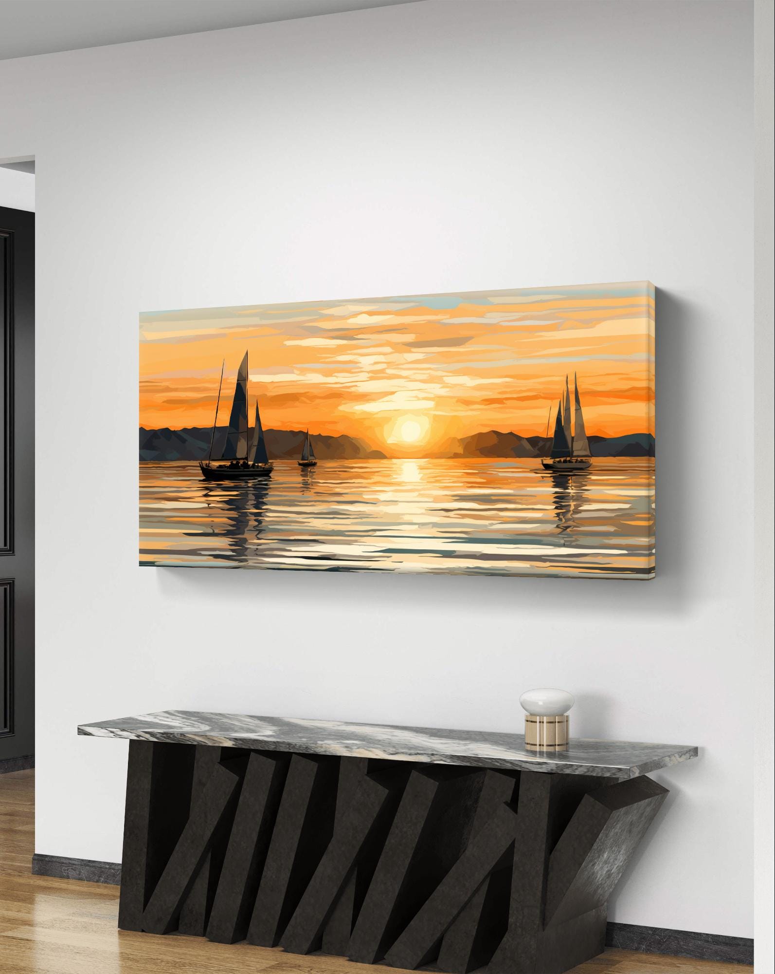 黄金の夕焼けの帆 - ミニマルな海岸の海景 - Etsy 日本