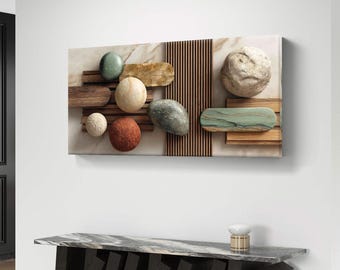 May include: A rectangular wall art piece featuring various natural stones and wooden elements. The stones are in shades of green, beige, brown, and red. The wooden elements are arranged in horizontal and vertical patterns, creating a textured and layered effect. The artwork is mounted on a white wall.
