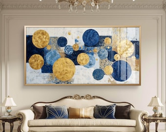 GEOMETRIC Set of 3 Navy Blue Orange and Gold Art Prints Abstract