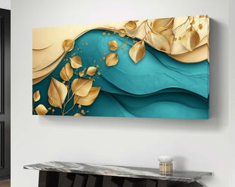 金箔抽象画アートプリント：ターコイズアクリル画（デジタル