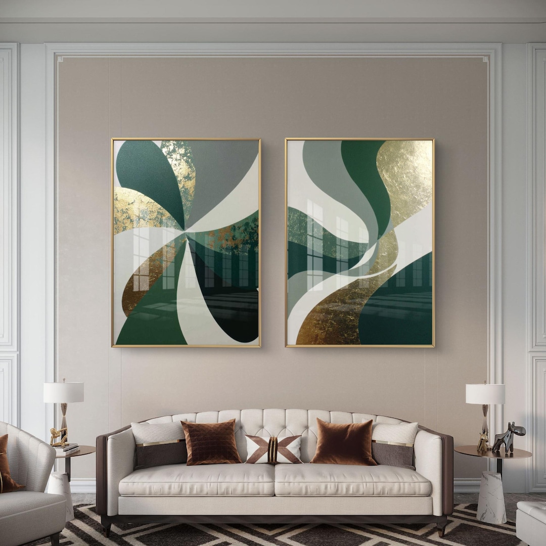 Emerald Green and Gold Abstract Set of 2 – Modern Geometric Wall Art - Etsy