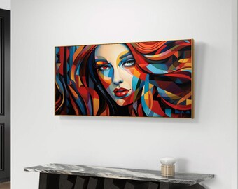 カラフルな女性の肖像画、モダンな抽象的な女性の顔、ボヘミアン風の