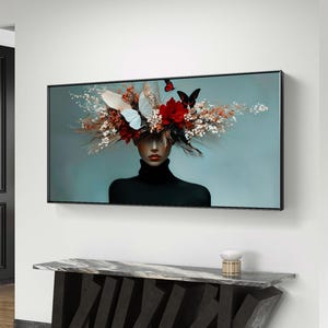 Floral Fantasy Digital Art - Elegant Woman with Butterflies & Flowers | High-Resolution Digital Art | Black, White, and Gold Wall Decor