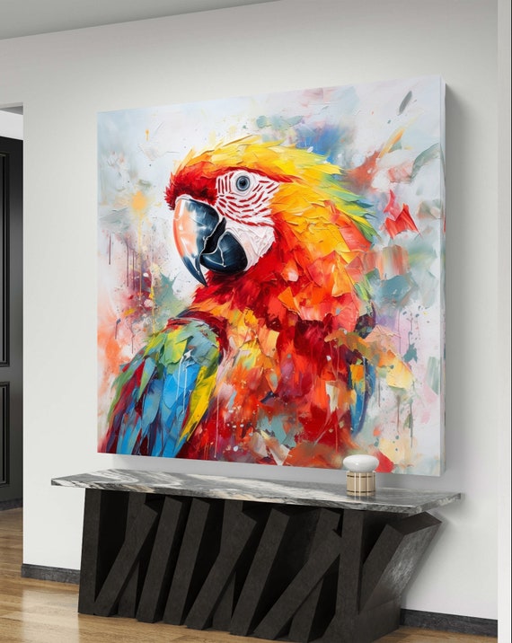 コンゴウインコ　絵画 抽象的なコンゴウインコのアートプリント：熱帯のオウムの絵画