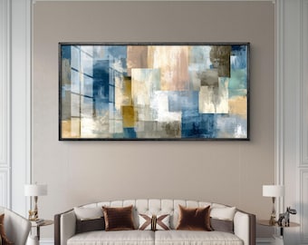 Arte mural abstracto azul beige: impresión digital geométrica moderna