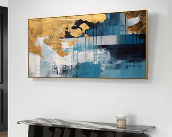 Blue and gold abstract canvas wall art print