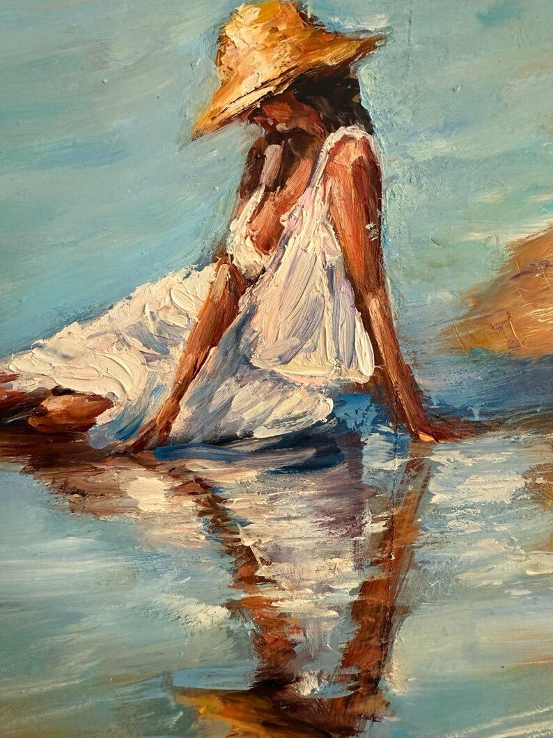 Girl Sea Beach Oil Painting Hand Painted Fine Art One of a Kind Summer ...