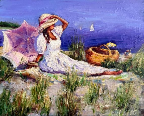 Girl Painting Girl in White Dress Sea Summer Oil Painting Hand