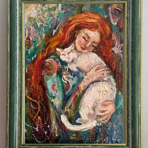 Mulher, gato branco, pintura a óleo, ruiva, mulher, abraça, gato branco, pintado à mão, arte única, original, amada, gato branco de neve, arte de parede