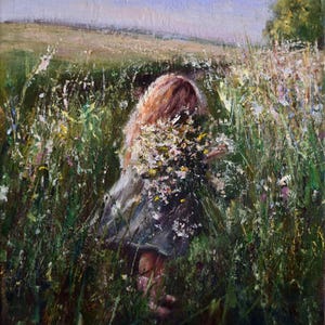 Childhood Oil Painting Hand Painted Fine Art One Of a Kind Original Art Little Girl In a Flower Field With  Bouquet Of Wild Flowers Wall Art