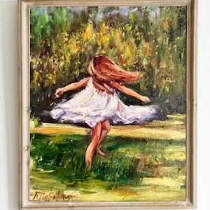 Children Painting Happy Childhood Oil Painting Hand Painted One Of a Kind Original Art Little Girl White Dress Positive Painting For Home