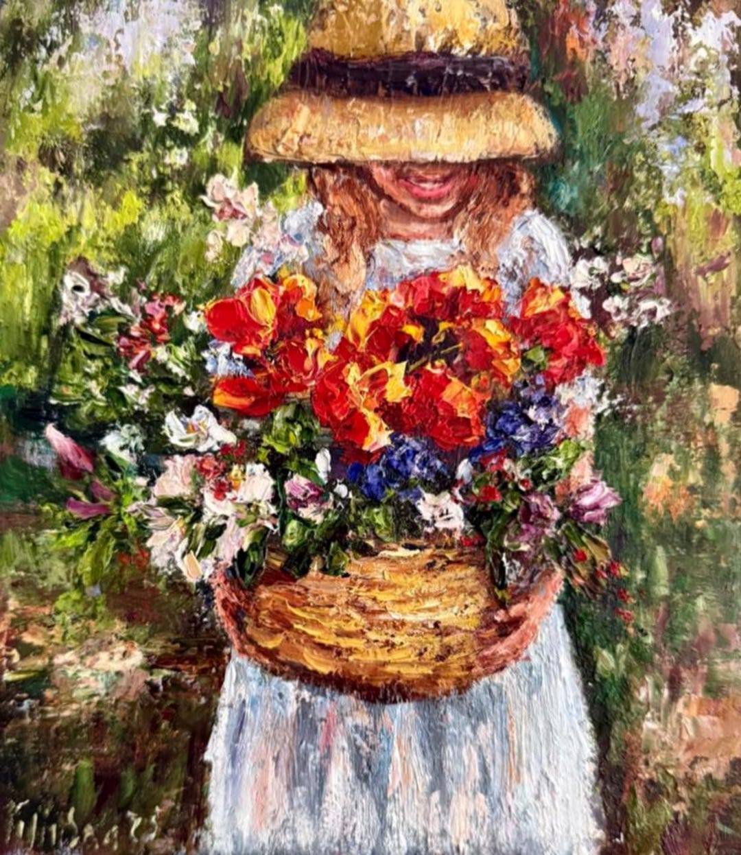 Girl Basket Flowers Oil Painting Hand Painted Fine Art One of a Kind ...