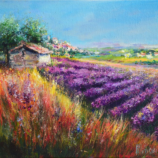 Paysage provençal Champ de lavande Peinture d'été pittoresque Peintures à l'huile sur toile Nature de la France Peinture abordable Art peint à la main