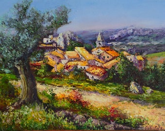 Paysage de Provence Peinture à l'huile Art original Provence française Peinture empâtement Maisons provençales Olive Oeuvre d'art peinte à la main Unique en son genre