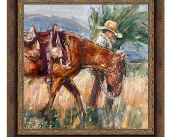 Cowboy With Horse Painting Western Art Oil Painting Rural Landscape Original Art Vintage Style For Home Hand Painted as Rustic Interior Art