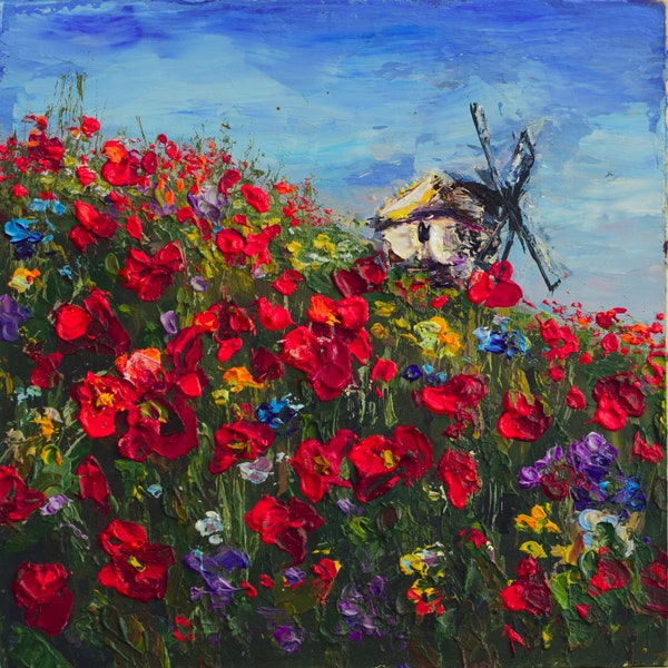 Peinture à l'huile paysage provençal Champ de coquelicots avec moulin à vent Petites oeuvres d'art originales Empâtement Art mural abordable Peinture positive Unique en son genre