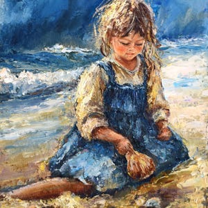 Pintura a óleo infantil Arte original Pintada à mão Belas artes Única menina perto do mar Arte figurativa Estilo vintage Arte positiva