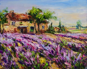 Landschaft der Provence Ölgemälde Originalkunst Handgemalte Kunst Einzigartiges französisches Dorf Lavendel Moderne Malerei Impasto Wandkunst