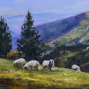 Paisaje de montaña con ovejas Pintura al óleo original sobre cartón Pintura positiva Bellas artes hechas a mano Única en su tipo