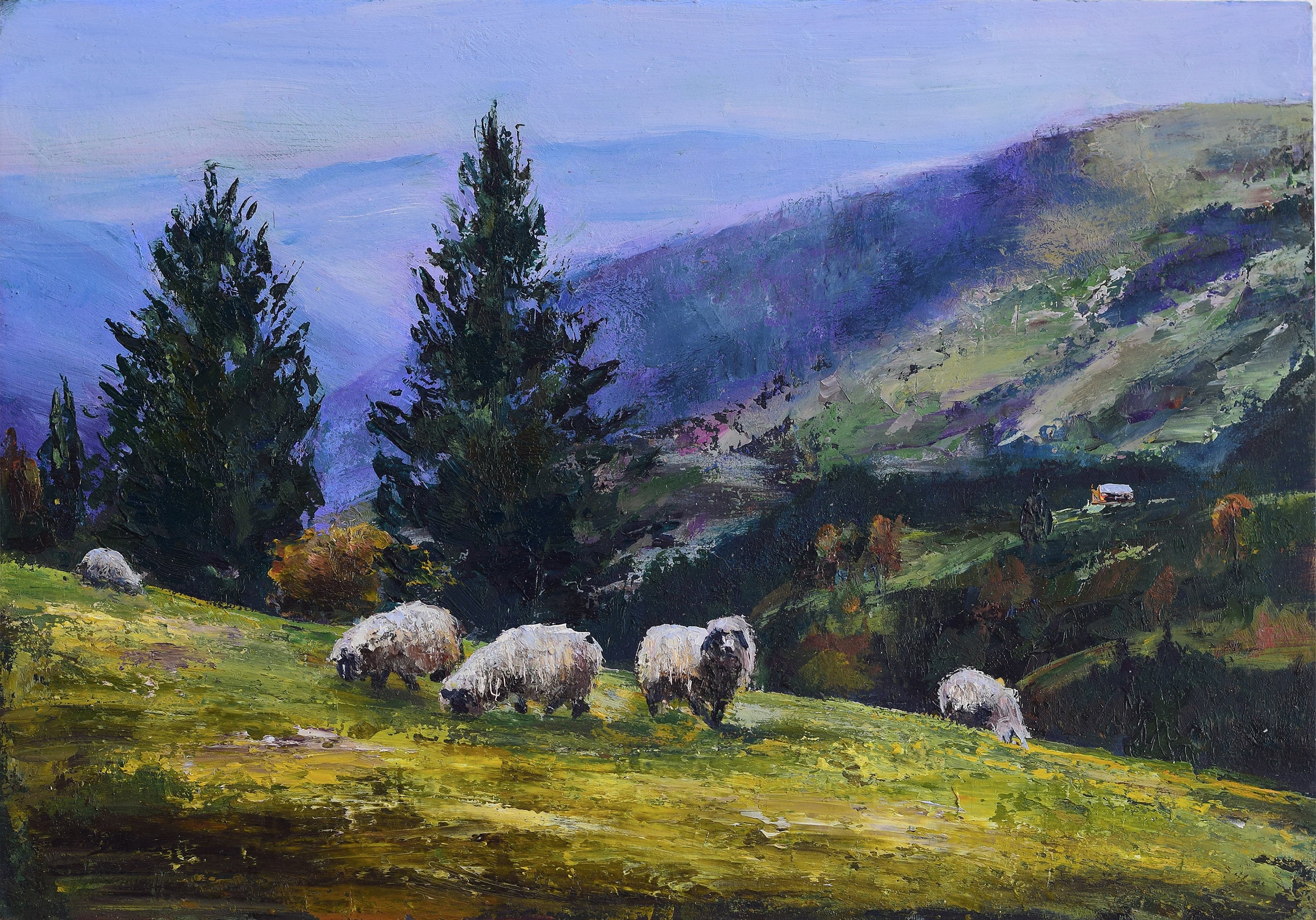 Mountain Landscape With Sheep Original Oil Painting on Cardboard ...
