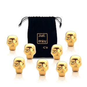 Catrinaz® - Luxury skull whiskey stones - Tequila stones - 8 pieces - Gold color - Unique design - Reusable ice cubes - Velvet storage bag