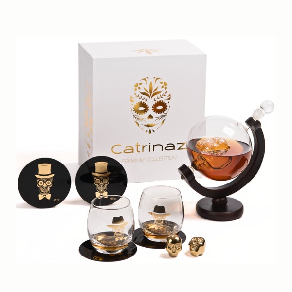 Catrinaz® - Ensemble de carafes de luxe tête de mort - 0,9 L - Incluant 2 glaçons dorés en forme de tête de mort - - 2 gobelets uniques - 2 sous-verres uniques - Boîte cadeau
