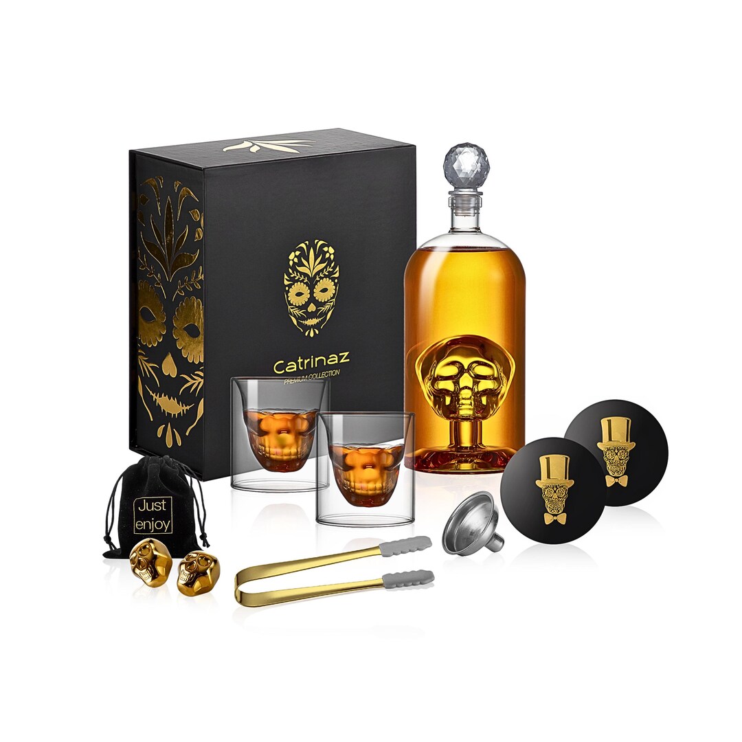 Catrinaz Carafe à Whisky Crâne 1L – Design Tête De Mort Luxe, Verre Borosilicaté Soufflé Bouche, Coffret Cadeau Idéal Pour Spiritueux