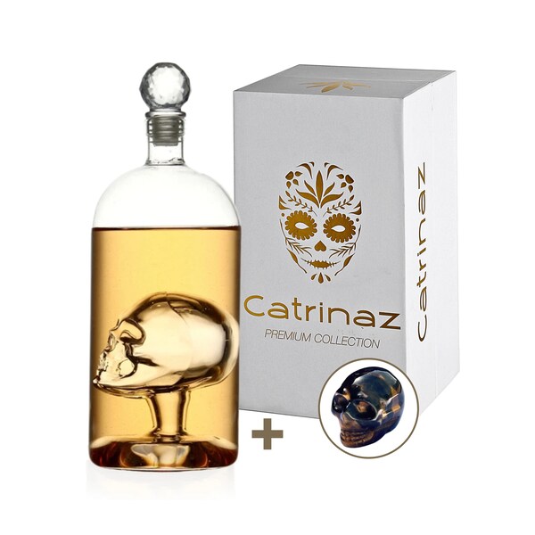 Catrinaz® - Carafe premium avec motif tête de mort - Carafe / carafe à whisky - 1L - Coffret cadeau de luxe avec tête de mort en oeil de tigre - Cadeau pour homme