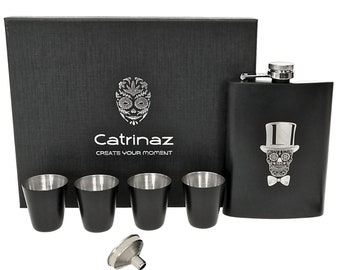 Hip flask Catrinaz® - Flasque de poche - Motif tête de mort unique - Noir mat - Acier inoxydable - 4 verres à liqueur - Coffret cadeau de luxe