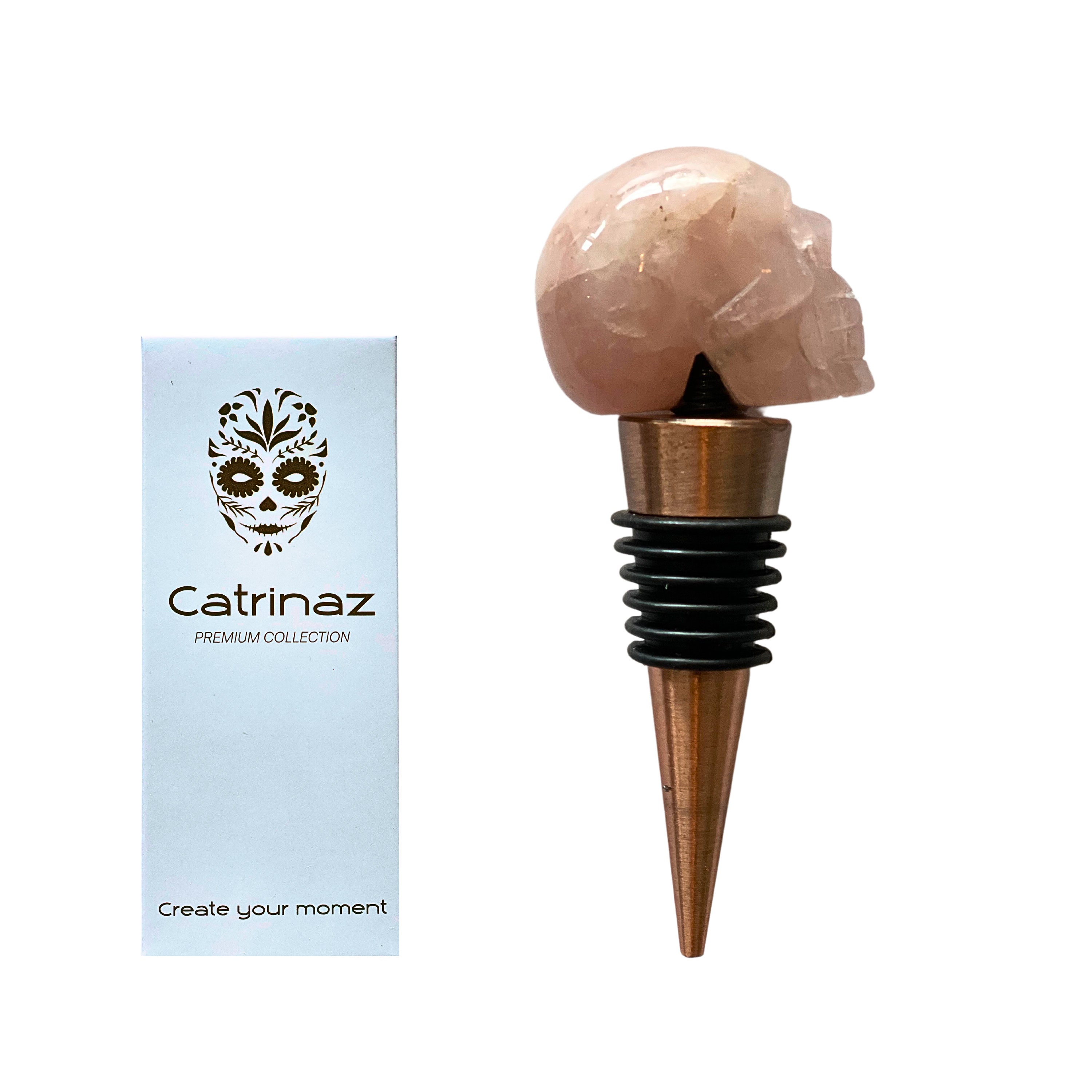 Catrinaz® - Premium bottle stopper with skull - 100% rose quartz natural stone - Wine stopper - gift box - Unique gift