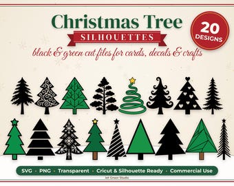 Weihnachtsbaum-SVG-Bundle, 20 Weihnachtsbaum-Silhouette-Schnittdateien für Cricut, Kiefernbaum-PNG-Clipart, skandinavischer Weihnachtsbaum-SVG