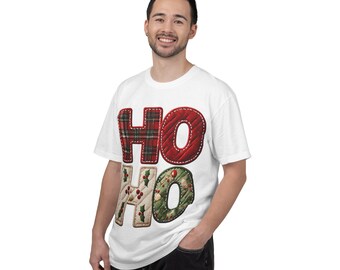 Ho Ho Xmas Christmas Faux Plaid Patchwork Unisex Garment-Dyed T-shirt