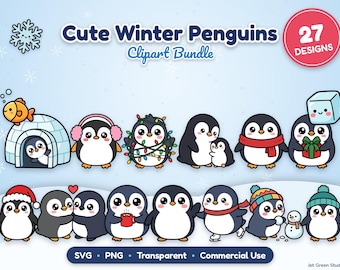 Niedliches Winterpinguin-SVG- und PNG-Bundle, 27 Kawaii-Pinguin-Cliparts, Weihnachtspinguin-Cricut-Schnittdateien, transparente Weihnachts-Cliparts