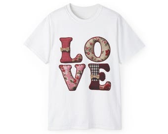 LOVE Pink Faux Patchwork Plaid Valentines Day Unisex Ultra Cotton Tee