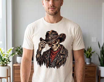 Men's Stone Wash Cotton Tee: Skeleton Cowboy Biker Jacket Print