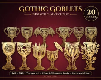 Gothic-Kelch-SVG-Bundle, 20 dunkle Kelch-Cliparts, Halloween-Hexen-Schnittdateien für Cricut, Vampir-Schädel-Fledermaus-Kelch-PNG