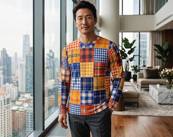 Faux Plaid Patchwork Men's Long Sleeve Shirt (AOP)