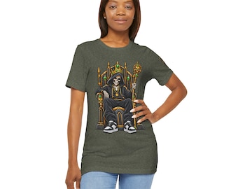 Skeleton King Throne Graphic Tee, Gothic Streetwear, Halloween Gift (Bella Canvas)