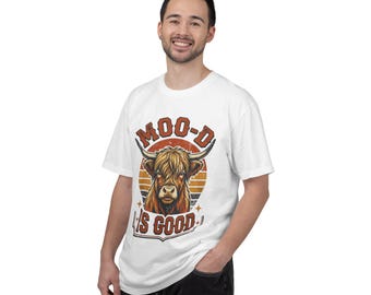 Moo-d Is Good Highland Cow Shirt, Retro Sunset Cow Tee, Comfort Colors Farm Lover Gift