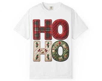 Ho Ho Xmas Christmas Faux Plaid Patchwork Unisex Garment-Dyed T-shirt
