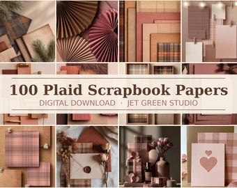 Pink Brown Plaid Digital Paper, 100 Scrapbook Stationery Images, Junk Journal Kit, Moody Lace Twine Envelope Flat Lay, Commercial Use